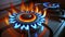 gas oven - orange tongues of blue flame of a gas burner,