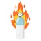 Gas and oxygen cylinder with indicator in fire. Flame and blue tank. Cartoon flat illustration