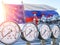 Gas pipeline with gauge with zero pression and EU European Union and Russia flags. Energy crisis and sacctions concept