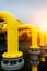 Gas pipeline oil industry. Yellow gas pipe power technology. Fuel energy equipment. Gas industry, oil transport system.