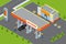 Gas station 3d isometric. Gas station concept. Gas station flat vector illustration. Fuel pump, car, shop, oil station