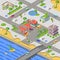 Gas station in city map isometric 3D illustration of cars petrol fuel filling station in riverside town