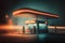Gas station at foggy night. 3d rendering toned image