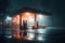 Gas station at midnight, in fog. Generative AI