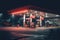 A gas station at night, illuminated by bright lights, with cars filling up, people bustling, and the glowing signs of