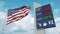 Gas station sign board with rising fuel prices and national flag of the USA, conceptual 3D animation
