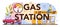 Gas station typographic header. Refueler in uniform working with a filling gun