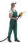 Gas station worker with fuel nozzle on white background