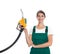 Gas station worker with fuel nozzle on white background