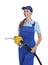 Gas station worker with fuel nozzle on white background