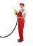 Gas station worker with fuel nozzle on white background