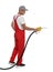 Gas station worker with fuel nozzle on white background