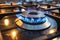 Gas stove burner emits a vibrant blue flame, powerful and controlled