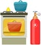 Gas stove with burners for cooking near cylinder, container with pressurized liquid inside
