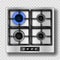 Gas stove top view with blue flame and steel grate
