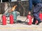 Gas tube burn while fireman holding fire extinguisher in fire dr