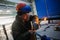 Gas welder cut a pipe at the Zvezda shipyard