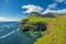 Gasadalur village and  Beautiful  waterfall, Sunny Day, Vagar, Faroe Islands, Denmark