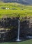 Gasadalur village and  Beautiful  waterfall, Sunny Day, Vagar, Faroe Islands, Denmark