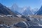 Gasherbrum mountain massif in a morning behide Baltoro glacier,