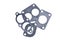 Gasket set of automotive paronite exhaust and intake manifold with metal inserts and auto parts on a white background