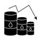 Gasoline barrels with arrow decreasing oil prices flat style