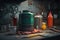 gasoline canister surrounded by technical and cooking tools in kitchen