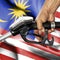 Gasoline consumption concept - Hand holding hose against flag of Malaysia