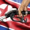 Gasoline consumption concept - Hand holding hose against flag of North Korea