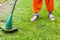 Gasoline lawn trimmer mows juicy green grass on a lawn on a sunny summer day. Close-up selective focus image. Garden equipment. Yo