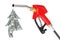 Gasoline Pistol Pump Fuel Nozzle, Gas Station Dispenser with Droplet of Dollars Bills. 3d Rendering