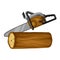 Gasoline saw and wood log. Illustration for forestry and lumber industry