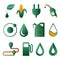 Gasoline station. Auto icons set. Electric Car. Pollution. Petrol icons set. Oil pump and petrol icons with oil drop.