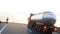 Gasoline tanker, Oil trailer, truck on highway. Very fast driving. Realistic auto animation.