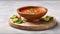 Gaspacho soup on round wooden tray over white marble tabletop. Generative AI