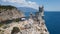 Gaspra, Crimea - July 7. 2019. Castle of Swallows Nest on the Cape Ai-Todor of Black Sea coast