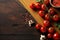 Gastronomic masterpiece, pasta, tomatoes on rustic backdrop copy space