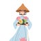 Gastronomic Tourism with Woman Character in Conical Hat Holding Authentic Vietnamese Fruit and Drink Vector Illustration