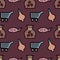 Gastronomy coffee, fish, onions, shopping trolley seamless pattern on a burgundy background.