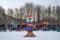Gatchina, Russia - February 18, 2018: Shrovetide feast. Maslenitsa. A large doll is ready for burning. The spectators