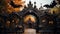 A gate with bats artfully adorning its entrance stands tall against the autumn sky