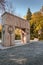 The Gate of the Kiss Poarta sarutului sculpture made by Constantin Brancusi in Targu Jiu, Romania - amazing autumn wide angle vi