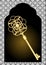 Gate silhouette with vintage gold key. Black and white victorian patterns on background