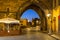 Gate to the Charles bridge in Prague at night, Czech Republic