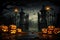 Gates of the Beyond Cemetery Entrance with Scary Halloween Pumpkins, Set in a Dark Night - Halloween Holiday. created with