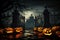 Gates of the Beyond Cemetery Entrance with Scary Halloween Pumpkins, Set in a Dark Night - Halloween Holiday. created with