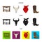 Gates, a bull skull, a scarf around his neck, boots with spurs. Rodeo set collection icons in cartoon,black,flat style