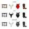 Gates, a bull skull, a scarf around his neck, boots with spurs. Rodeo set collection icons in cartoon,black,monochrome