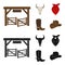 Gates, a bull skull, a scarf around his neck, boots with spurs. Rodeo set collection icons in cartoon,black style vector