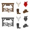 Gates, a bull skull, a scarf around his neck, boots with spurs. Rodeo set collection icons in cartoon,monochrome style